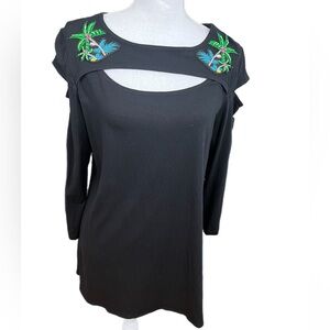 MISHCA Black Tunic Long Sleeve Cold Shoulder Top Beads & Sequin Palm Trees Large